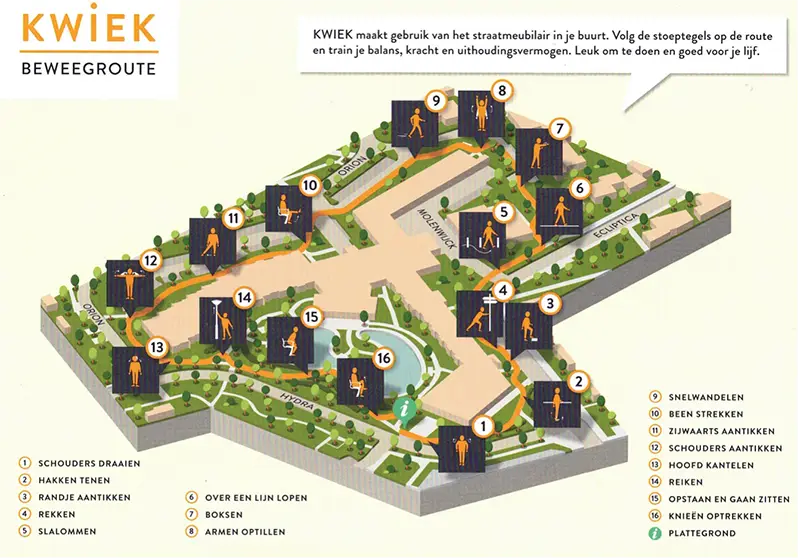 Kaart van Kwiek beweegroute met oefeningen Fysio loon op zand